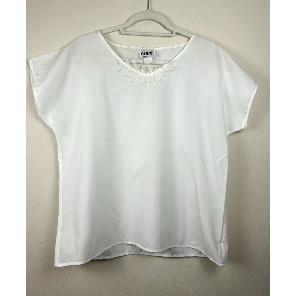 Vintage 80s Orare Women’s Sz 16 White Lace Embroidered V-Neck Cap Sleeve Blouse